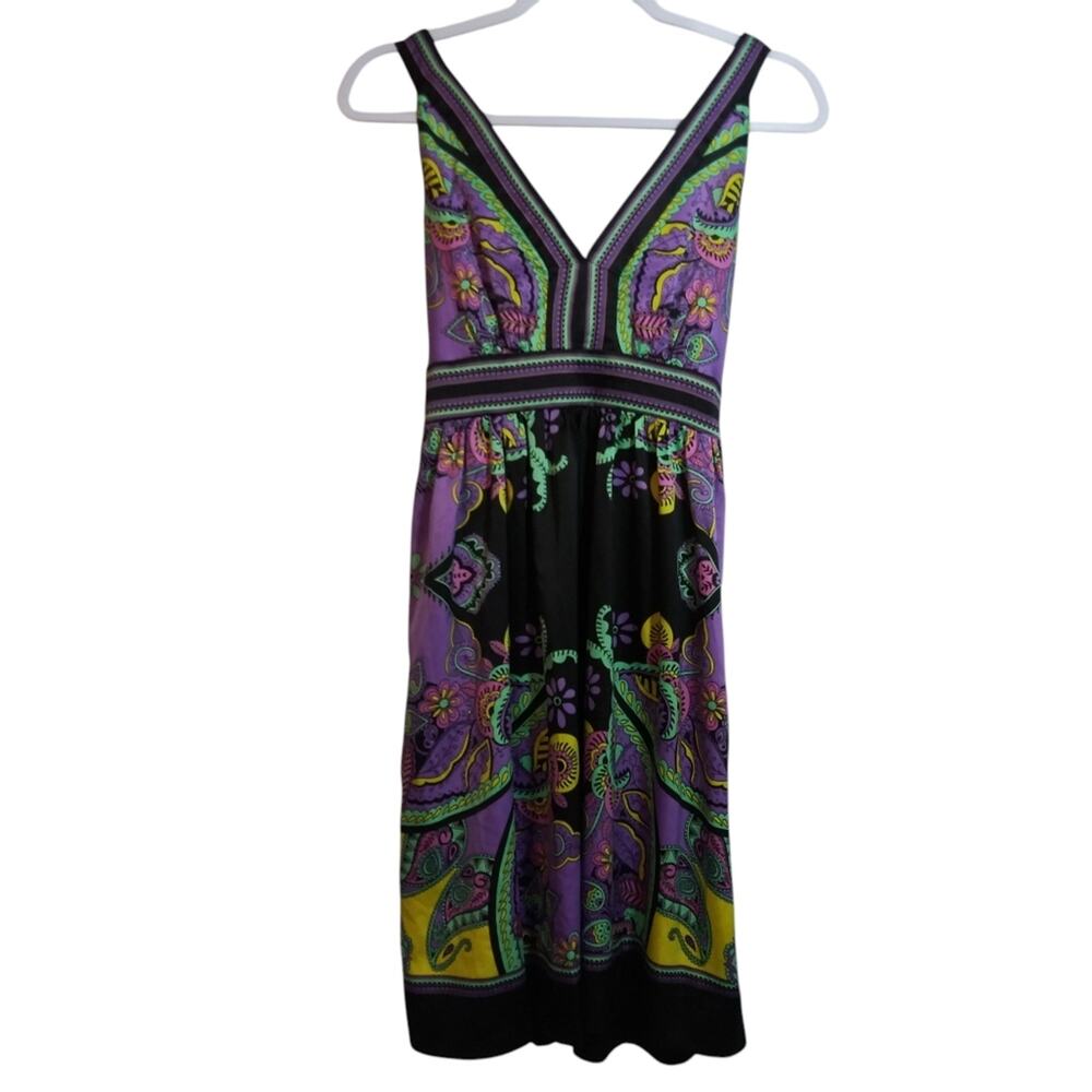 ECI Satin Purple and Black V Neck Retro Paisley Sleeveless Dress Size 4